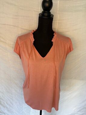 LOFT Peach Ruffle Tie V-Neck Short Sleeve Top